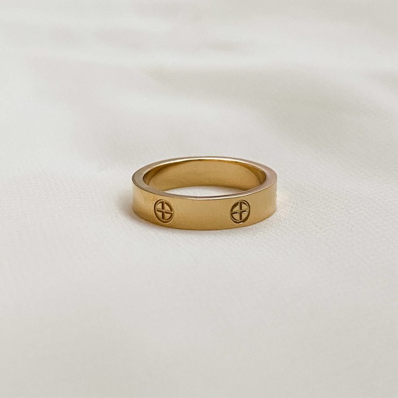 Gold Circle Plus Symbol Band Ring - Picture 1 of 7